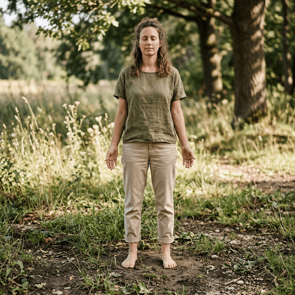A barefoot woman with closed eyes standing outdoors in a natural green environment, appearing calm and relaxed.